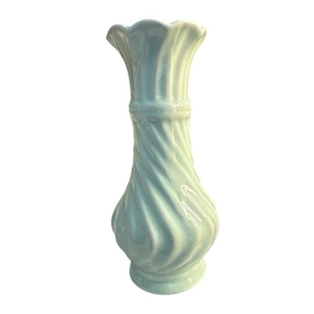 Vintage Seafoam Green Swirl Ceramic Bud Vase Scallop Rim